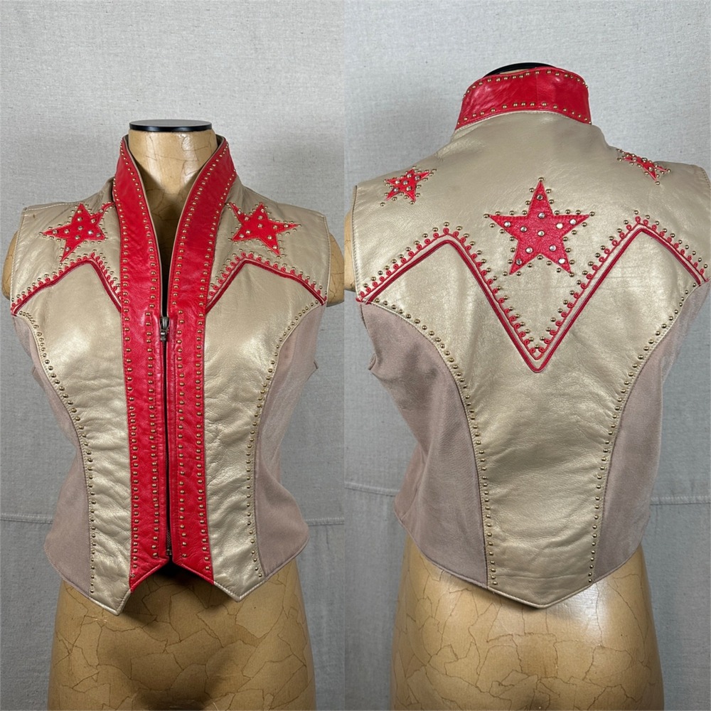 Vintage Western Show Leather Vest Gold‎ Red Star Rodeo Cowgirl Horse Rhinestone